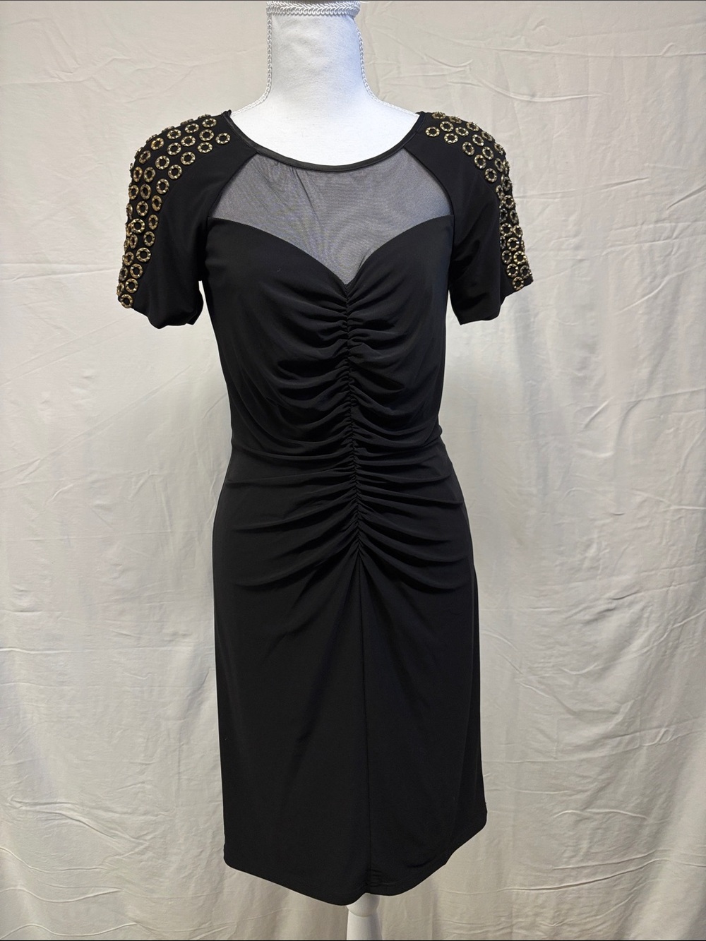 Simon Chang Black Ruched Sheath Dress with Gold-Trimmed Sleeves